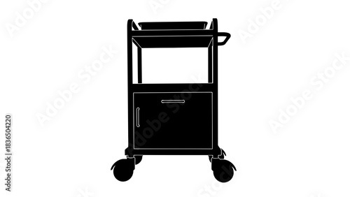 Black office cart with drawer, isolated on white background with sharp studio lighting