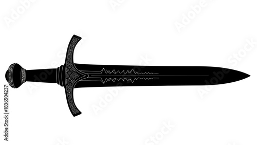 Single black sword silhouette, isolated on white background