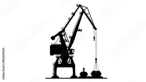 Single industrial crane black silhouette isolated on white background