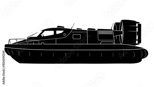 Single black hovercraft silhouette, isolated on white background