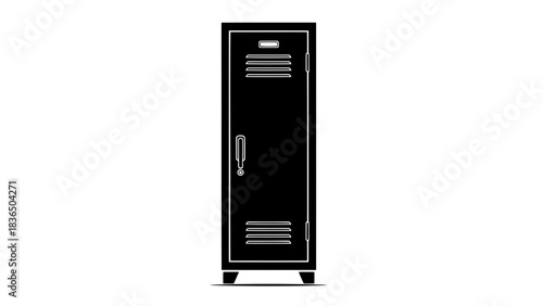 Single black locker with vented door isolated on white background with sharp studio lighting