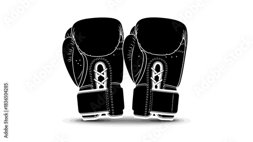 Pair of black boxing gloves, isolated on white background with sharp studio lighting