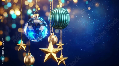 Luxurious blue and gold Christmas ornaments with sparkling festive bokeh creating elegant holiday mood