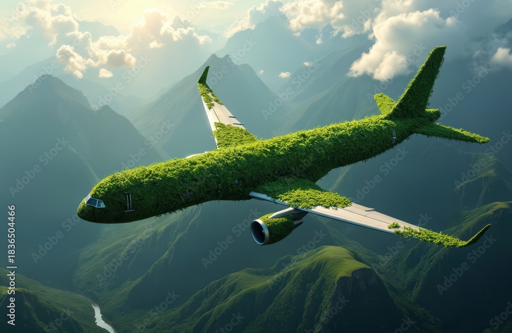 Naklejka premium Conceptual airplane covered in green plants flies over mountains. Symbol of sustainable aviation, eco friendly travel, future transport. Represents clean energy innovation for flights with zero