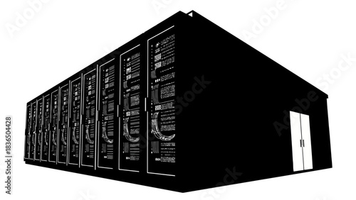 Set of eight black server racks, isolated on white background with sharp studio lighting