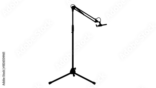 Single black camera tripod with adjustable arm, isolated on white background with sharp studio lighting