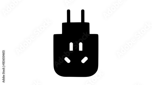 Single black plug icon isolated on white background with sharp studio lighting
