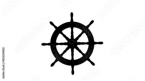Single black ship wheel silhouette, isolated on white background