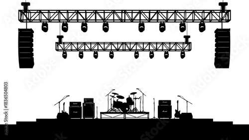 Set of ten stage lights and speakers isolated on white background with sharp studio lighting