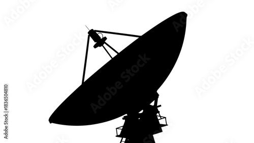 Single black satellite dish silhouette, isolated on white background