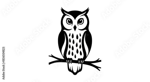 Black and white owl illustration perched on a branch isolated design