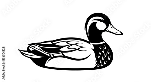 Black and white illustration of a duck on a white background vector design