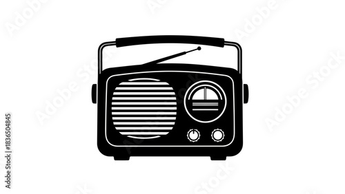 Single vintage radio silhouette isolated on white background
