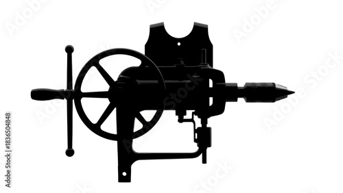 Black silhouette of a drill press isolated on white background