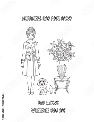  Dachshund, Romantic floral dog coloring pages with women and puppies, heart backgrounds, flowers, and cute pets for adult coloring books

