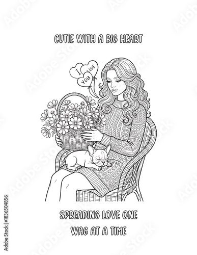 French Bulldog, Romantic floral dog coloring pages with women and puppies, heart backgrounds, flowers, and cute pets for adult coloring books
