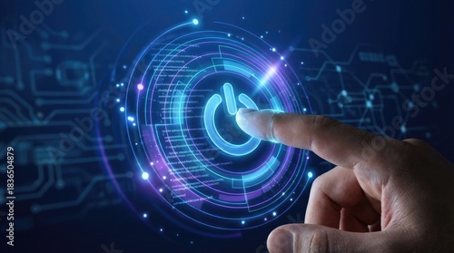 Hand touching a glowing power button on a dark blue technological background with circuits finger technology