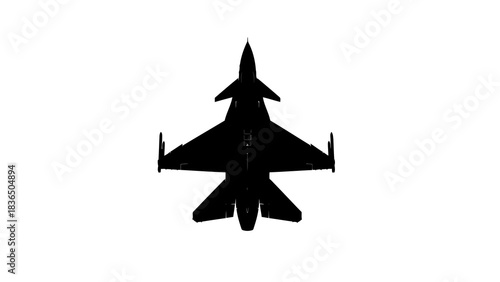 Single black jet fighter silhouette, isolated on white background