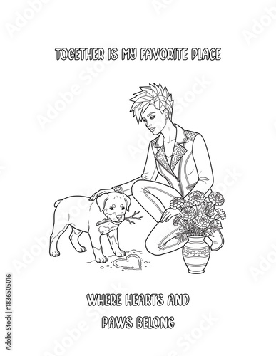 Rottweiler, Romantic floral dog coloring pages with women and puppies, heart backgrounds, flowers, and cute pets for adult coloring books
