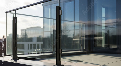 Wallpaper Mural Sleek modern glass balcony railing offers stunning unobstructed views of the contemporary city skyline at sunset Torontodigital.ca