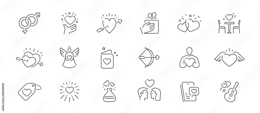 Obraz premium Valentines day line icons vector set. Love concept. Heart, romance, symbols