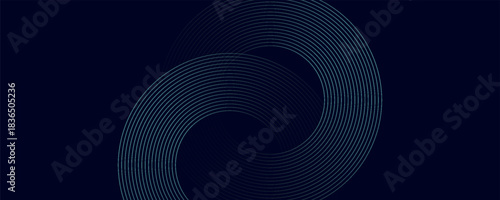 Blue abstract background with glowing circles. Swirl circular lines pattern. Geometric spiral. Twirl element. Modern graphic design. Futuristic technology concept.