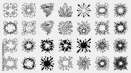 Abstract Burst Icons: A Grid of Black-and-White Symmetrical Designs Featuring Spirals, Splashes, Floral Motifs, and Crystalline Patterns for Bohemian-Inspired UI, Branding, and Mystical Visual