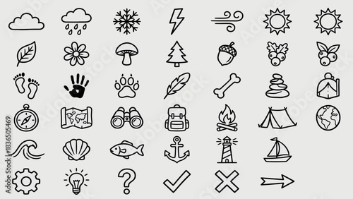 Nature & Adventure Icon Grid: Black-and-White Symbols Featuring Weather, Wildlife, Camping Gear, and Outdoor Motifs for Bohemian-Inspired UI, Journaling, and Mystical Visual Storytelling