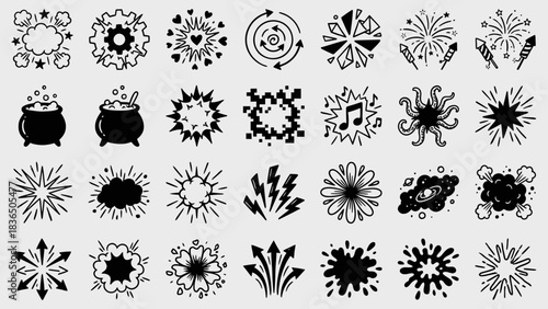 Mystical Burst Icons: A Grid of Black-and-White Symbols Featuring Cauldrons, Lightning, Swirls, and Starbursts for Bohemian-Inspired Magical UI, Campaigns, and Visual Storytelling