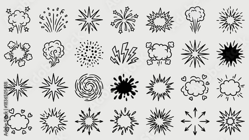 Organic Burst Icons: A Grid of Black-and-White Abstract Shapes Featuring Starbursts, Spirals, Clouds, and Floral Forms for Bohemian-Inspired UI, Branding, and Mystical Visual Storytelling