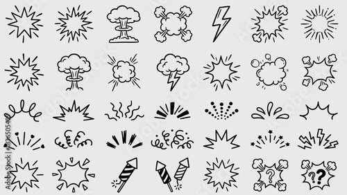 Comic Impact Icons: A Grid of Hand-Drawn Black-and-White Explosions, Lightning Bolts, Starbursts, and Abstract Bursts for Bohemian-Inspired Visual Storytelling in Campaigns, UI, and Graphic Design
