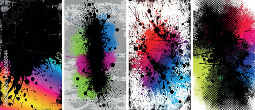 Abstract artwork featuring colorful paint splatters and black ink blots on a white background, artistic design.