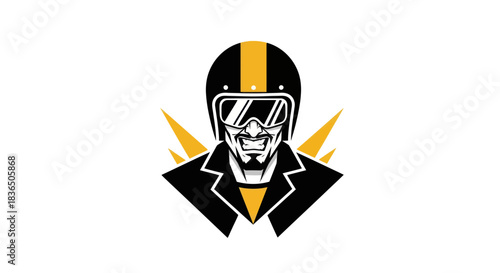 Bold motorcycle rider icon with helmet and goggles against white background