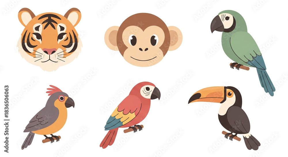 Obraz premium Charming collection of cute jungle animals featuring a tiger monkey and colorful tropical birds ready for your design project