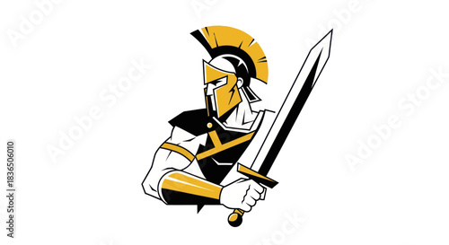 Bold spartan warrior holding sword illustration on white background