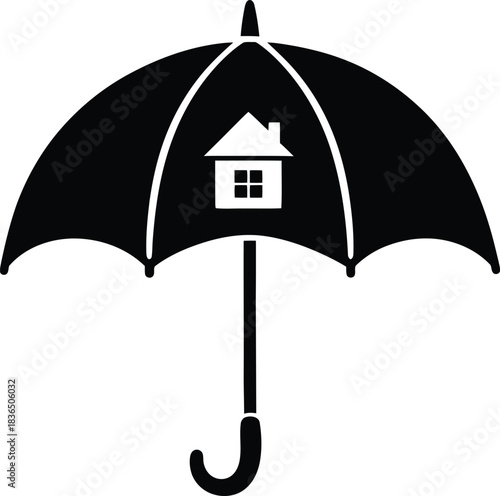 Hand-drawn simple umbrella with a house icon, doodle solid black on white, indicating property insurance, quick protection sketch