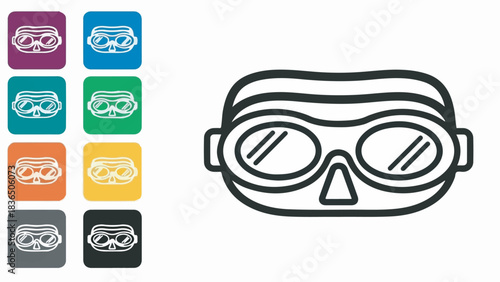 Modern Line Style Safety Goggles or Ski Mask Vector Icon Set Isolated