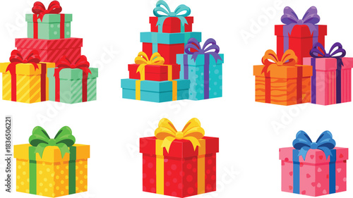 Gift box icon set, colorful wrapped presents with ribbons and bows, festive celebration clipart bundle, holiday packaging graphics