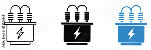 Black vector icons of electrical transformers and substation equipment, including current transformer boxes and power station symbols, isolated on white background.