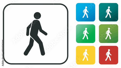 Pedestrian walking man stick figure symbol icon vector set on colorful square backgrounds