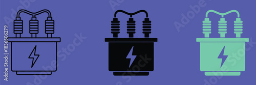 High-voltage transformer and electrical station glyph icons representing power distribution, current control, and utility equipment.