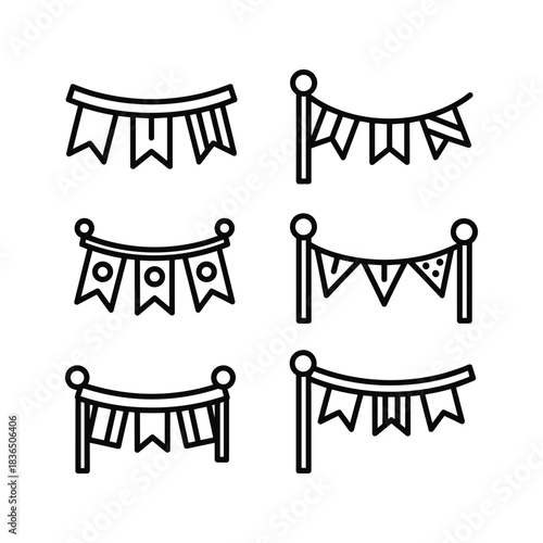 Party Bunting Flags and Garlands Line Icons Set