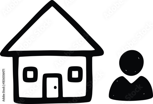Hand-drawn simple house with a user figure icon, doodle solid black on white, indicating visitor or owner, quick property sketch