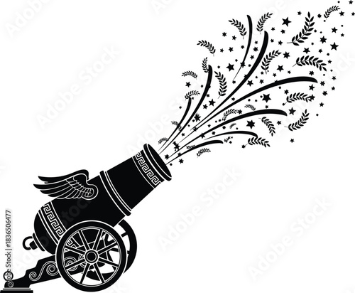 Winged cannon firing stars and laurel leaves vector graphic