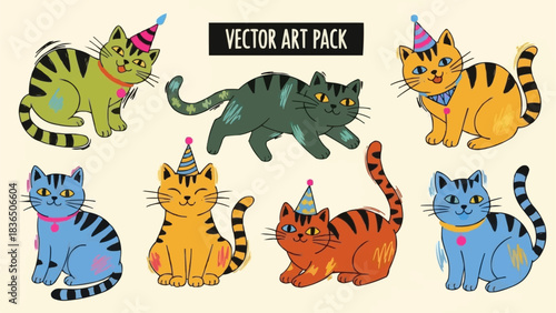 Adorable Party Cats Vector Art Pack with Festive Hats.