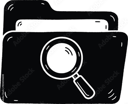 Hand-drawn simple folder with a magnifying glass icon, doodle solid black on white, quick folder search sketch
