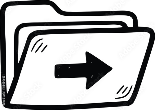 Hand-drawn simple folder with an arrow pointing out icon, doodle solid black on white, indicating file share or export, quick archive sketch