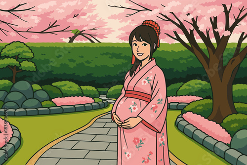 Pregnant woman in pink kimono under cherry blossoms, serene Japanese garden path, spring petals and motherhood moment in soft colors