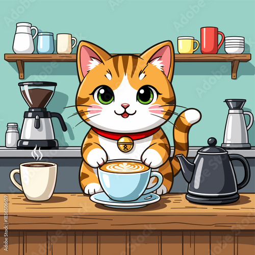 Cute Barista Cat Brewing Coffee in Cozy Kitchen Cafe with Cups and Kettles