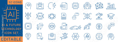 AI and future technology line icon set featuring neural networks, robotics, automation, data processing, machine learning, cybersecurity, digital innovation, and smart systems. Perfect for dashboards,